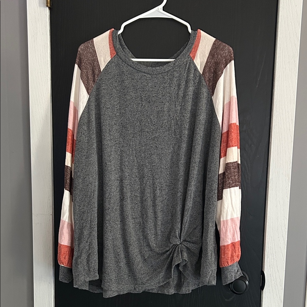 Maurices Gray Top with Striped Sleeves